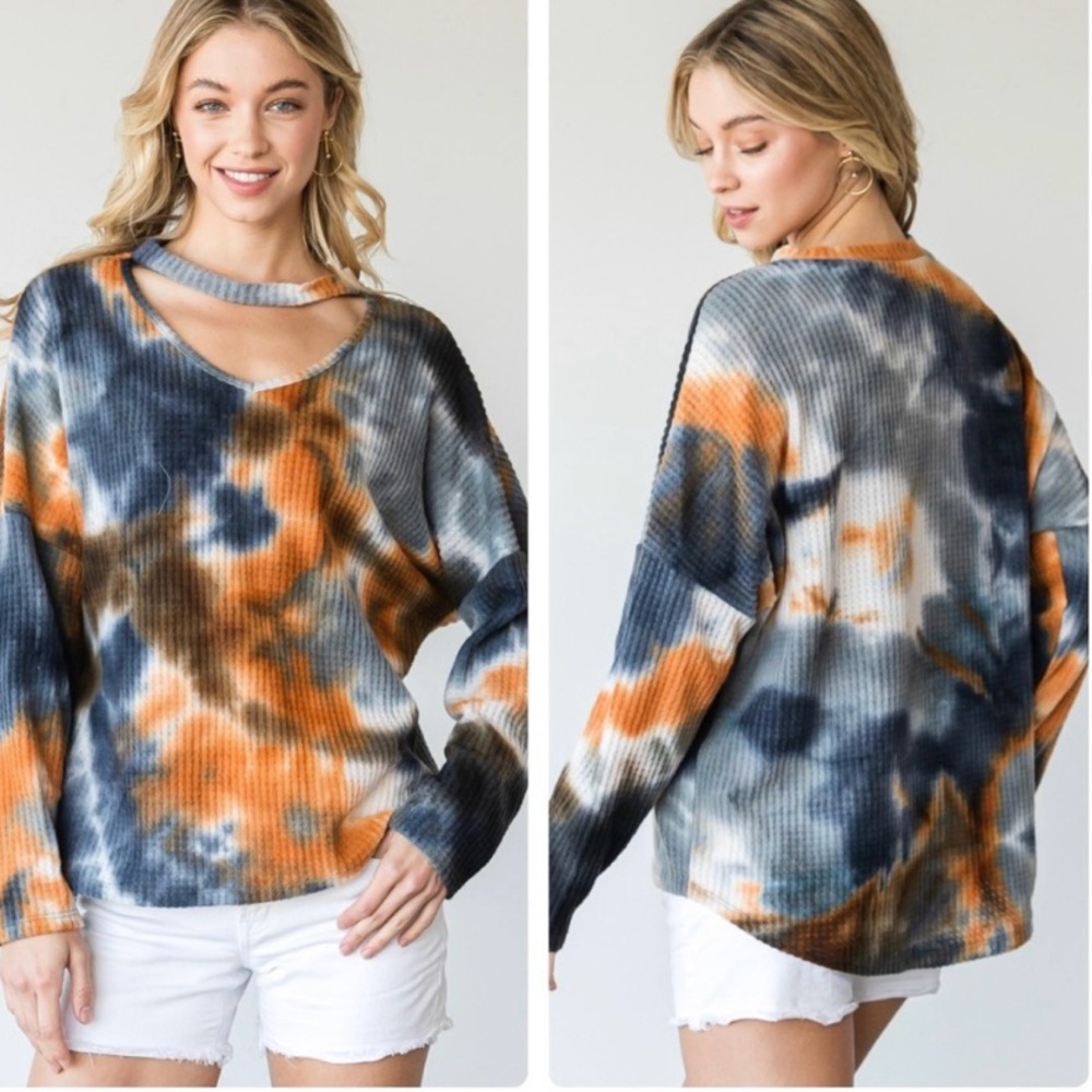 Tie Dye Print Choker Neck V-Neckline Pullover Raglan Long Sleeve Shirt